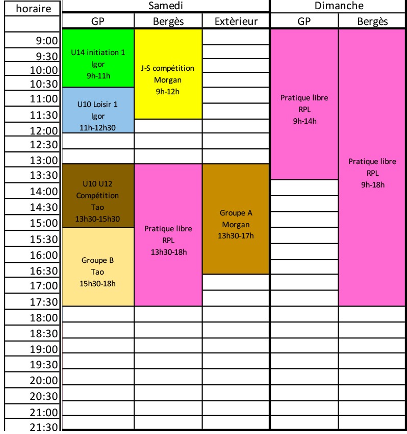 planning des cours pour la semaine