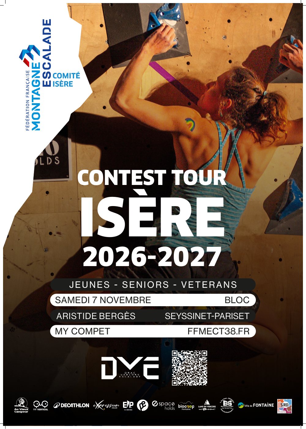 Affiche du Contest Tour Isère 2026-2027 : jeunes, seniors, vétérans, samedi 7 novembre, bloc, gymnase Aristide Bergès à Seyssinet-Pariset